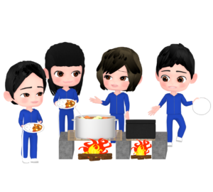 野外学習でカレーを作るイラスト