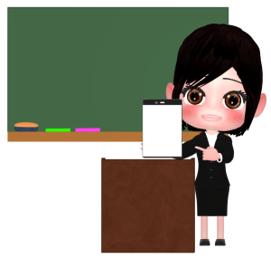 教卓でタブレットを見せる先生のイラスト
