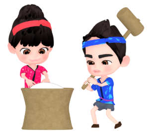 餅つきをする女の子と男の子のイラスト
