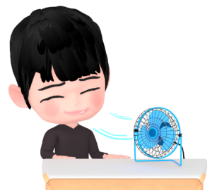 卓上扇風機で涼む男性のイラスト