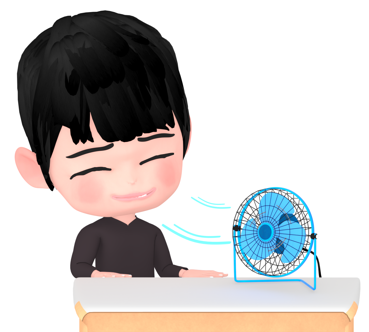 卓上扇風機で涼む男性のイラスト