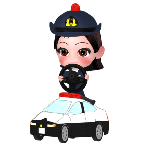 ミニパトカーを運転する女性警察官のイラスト