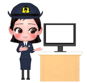 モニターの画面を見せる女性警察官のイラスト