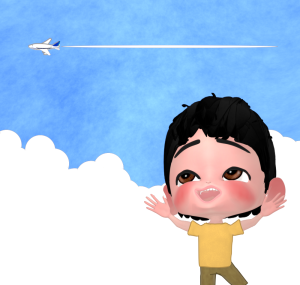 飛行機に手を振る男の子のイラスト