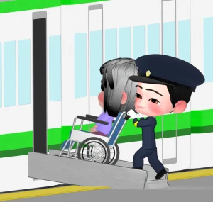 電車に乗る車椅子の人と手伝う駅員のイラスト