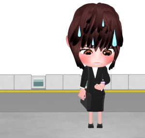 電車の遅延に困る女性のイラスト