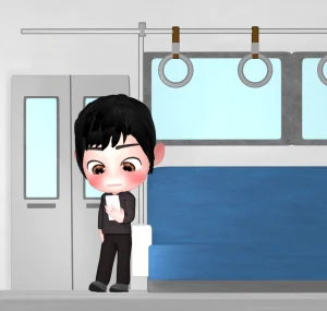 電車のドアの横に立つ人のイラスト