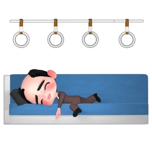 電車の座席に寝転んで眠る人のイラスト