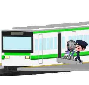 電車に車椅子で乗る人のイラスト