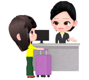 飛行機の搭乗手続きをする女性のイラスト