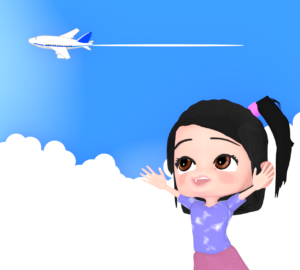 飛行機に手を振る子供のイラスト