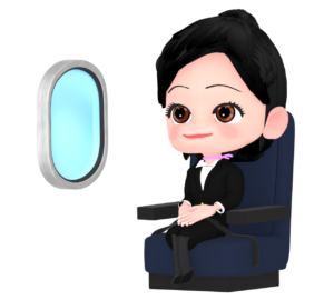 飛行機の座席に座るキャビンアテンダントのイラスト