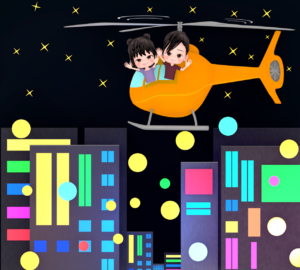 カップルでナイトヘリコプタークルージングを楽しむイラスト