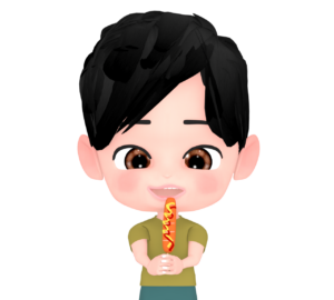 フランクフルトを食べる子供のイラスト