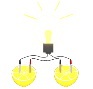 レモンが電気になる果物電池のイラスト