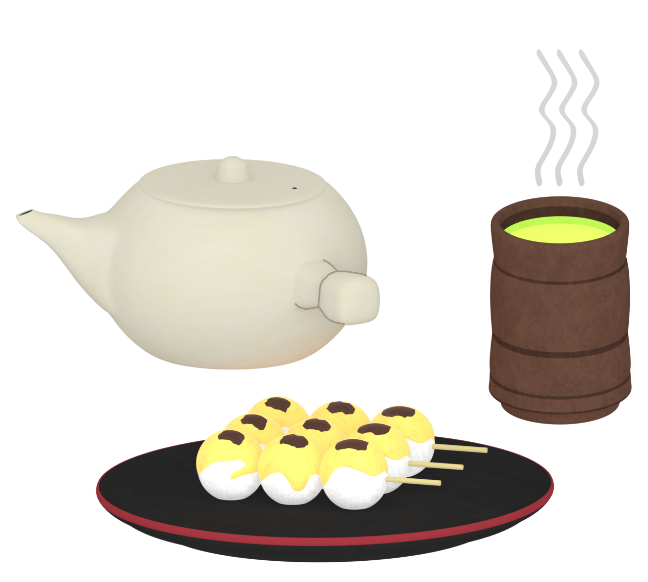 お茶とみたらし団子のイラスト（しんこ団子）