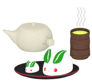 お茶と雪うさぎのイラスト（和菓子）