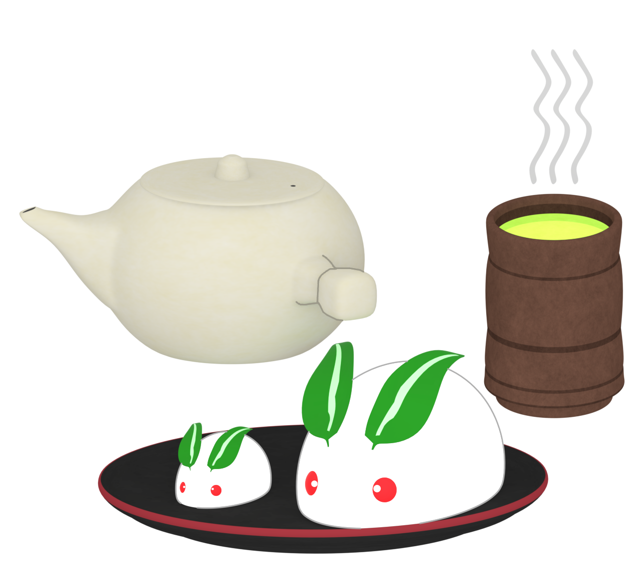 お茶と雪うさぎのイラスト（和菓子）