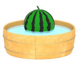 桶で冷やすスイカのイラスト