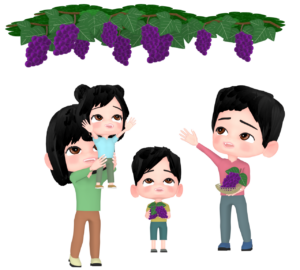 ぶどう狩りをする家族のイラスト