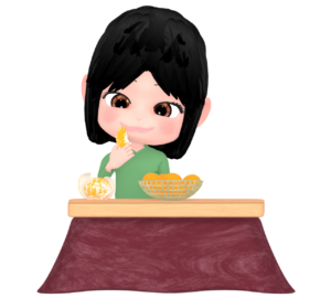 こたつでみかんを食べる人のイラスト