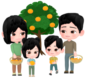 みかん狩りをする家族のイラスト
