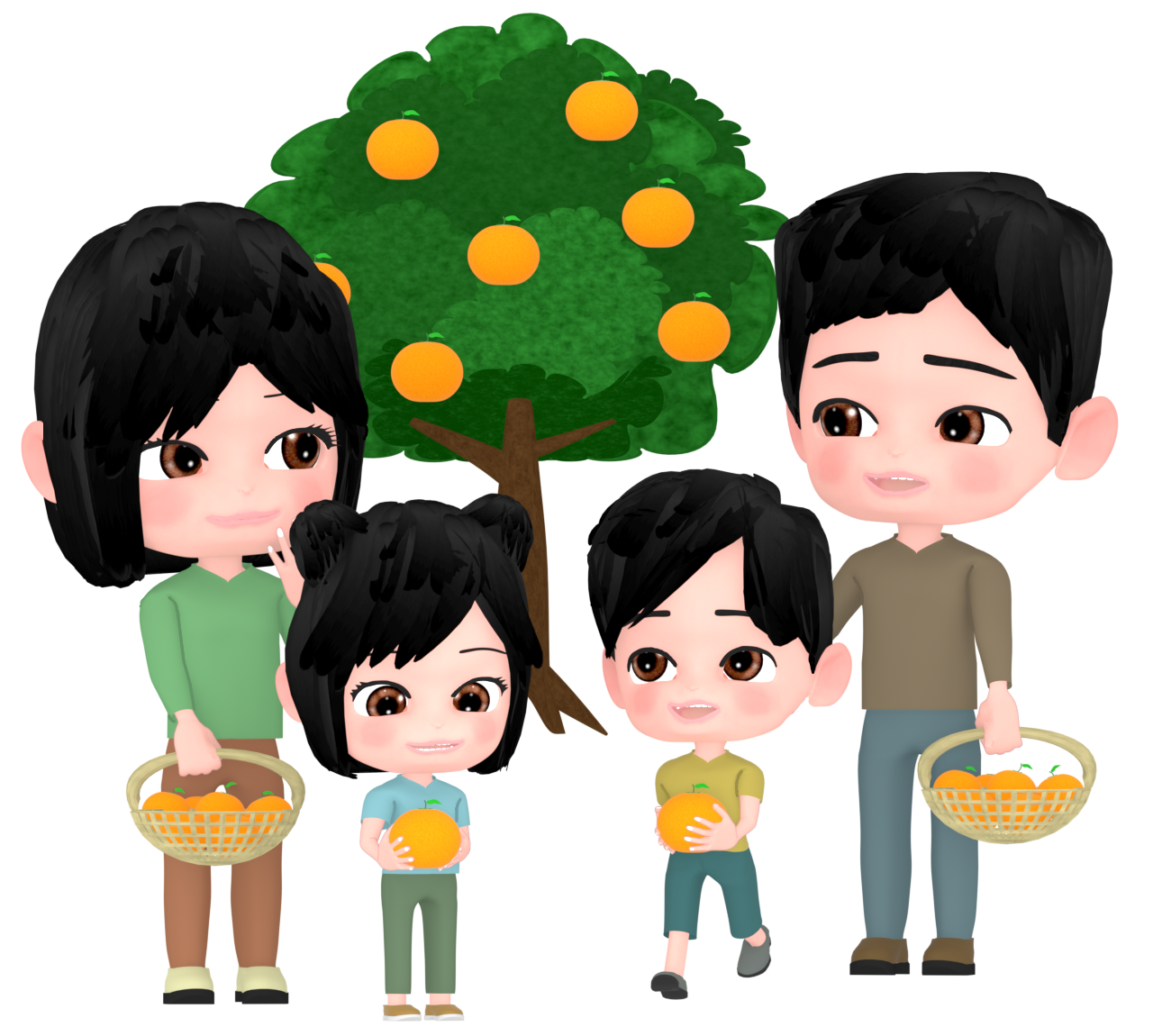 みかん狩りをする家族のイラスト