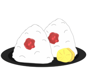 お皿にのる２個の梅干しおにぎりのイラスト