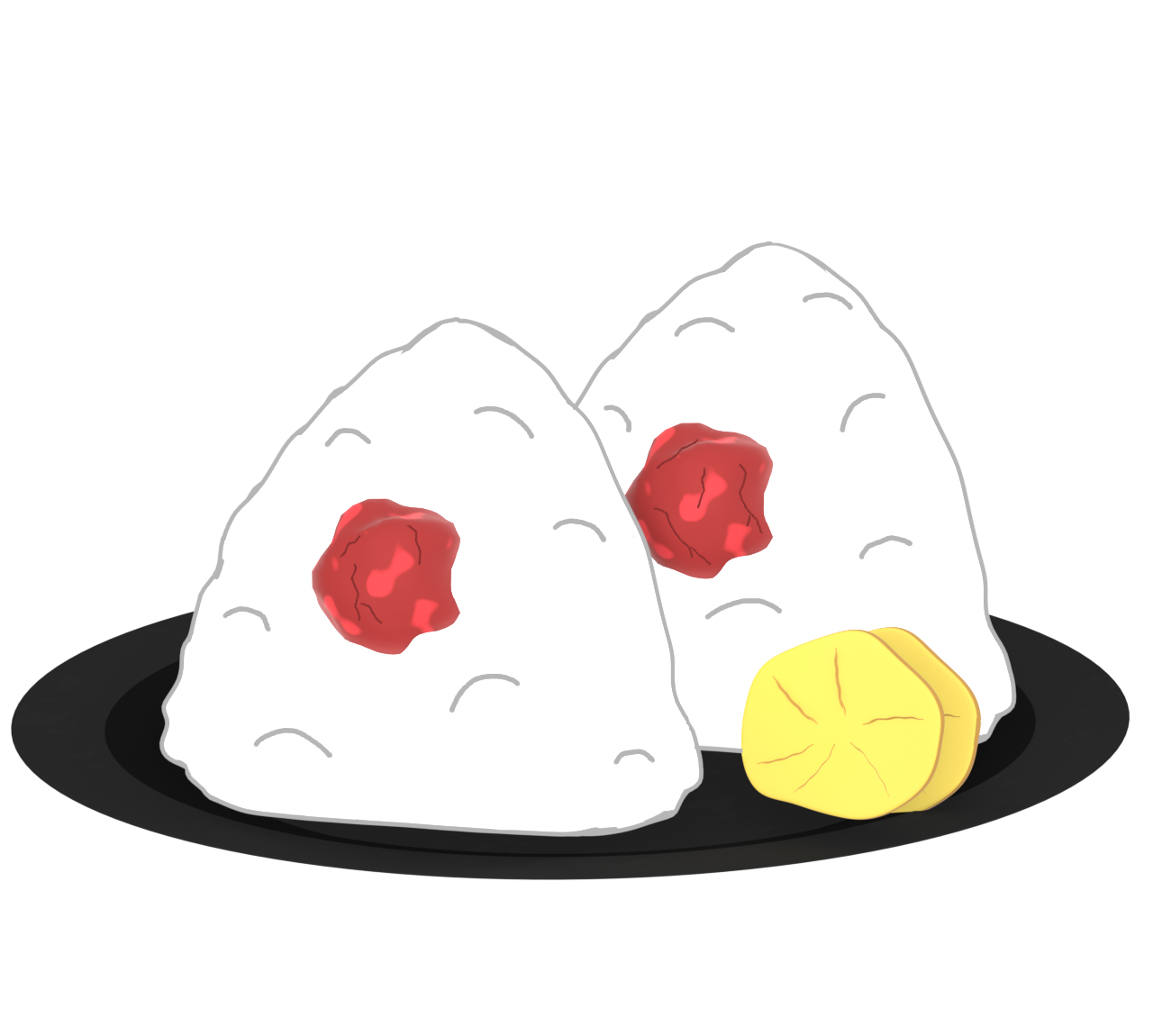 お皿にのる２個の梅干しおにぎりのイラスト