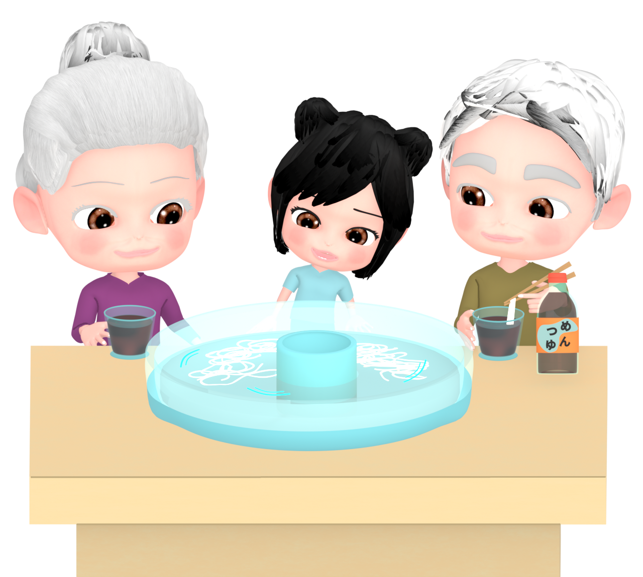 そうめん流しを楽しむ人のイラスト