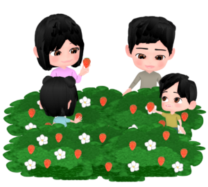 いちご狩りをする家族のイラスト