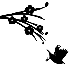 枝から飛ぶ小鳥のシルエット