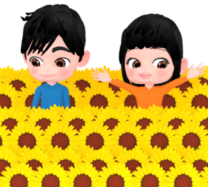 ひまわり畑とカップルのイラスト