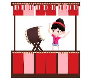 やぐらで和太鼓を叩く女性のイラスト