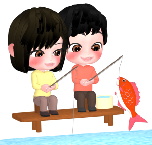 カップルで釣り堀をするイラスト