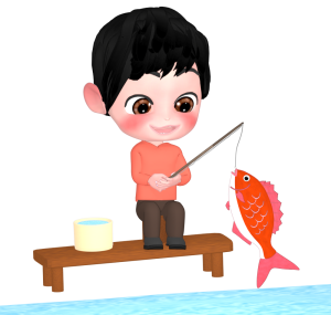 釣り堀で魚を釣る人のイラスト