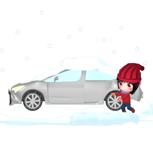 車のタイヤにチェーンをつける女性のイラスト