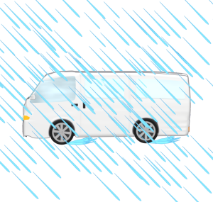 雨の中を走るワンボックスカーのイラスト