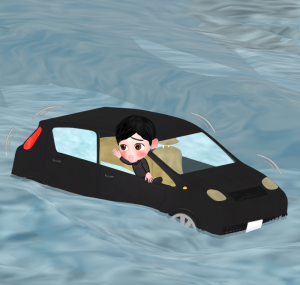 水没した車から助けを求める人のイラスト