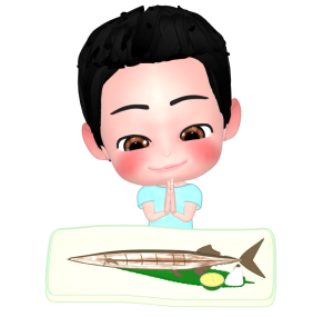 サンマを食べる男の子のイラスト