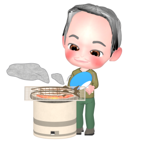 七輪でサンマを焼く人のイラスト