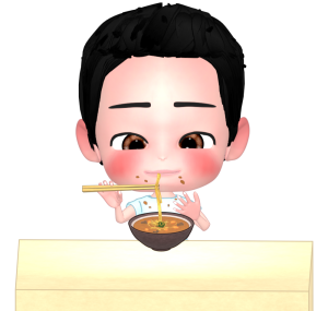 カレーうどんを食べて服が汚れるイラスト