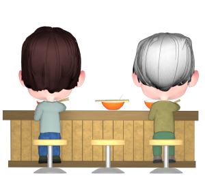 ラーメンをカウンターで食べる人のイラスト