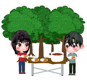 キャンプでカレーを食べるイラスト