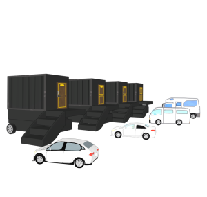 コンテナ型ホテルと自動車のイラスト