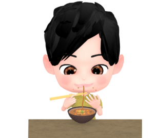 カレーうどんを食べて服が汚れるイラスト