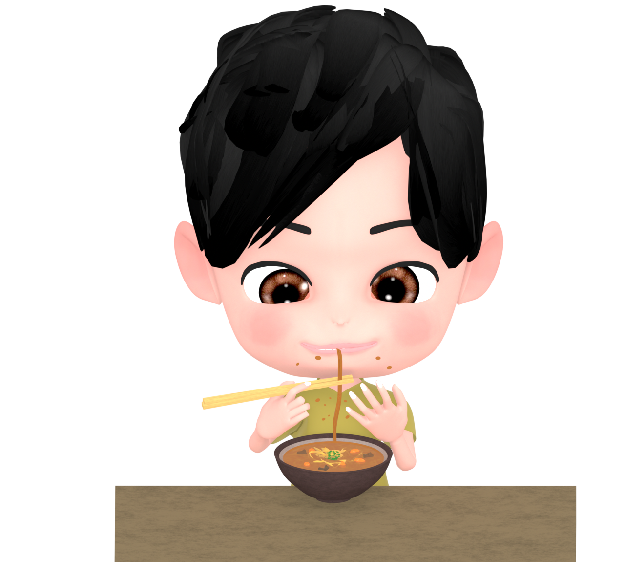 カレーうどんを食べて服が汚れるイラスト