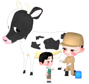 乳搾り体験をする子供のイラスト