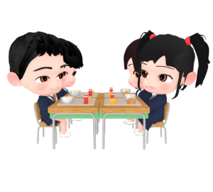 給食を食べる児童のイラスト