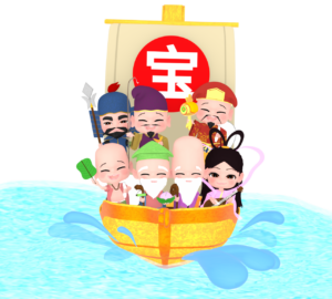かわいい宝船と七福神のイラスト